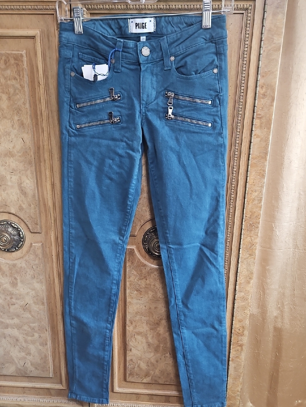 PAIGE Teal Blue Moto Skinny Jeans with Zip Details NWT Size 24